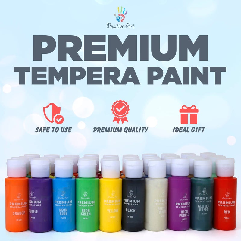 Positive Art Kids Tempera Paint Set | Value Pack Includes 40 Washable Non-Toxic Colorful Paints (2oz bottles) & 15 Brushes | Metallic, Neon, Glow In The Dark, Glitter Paints | Paint For Arts & Crafts, Fun Projects - Image 3